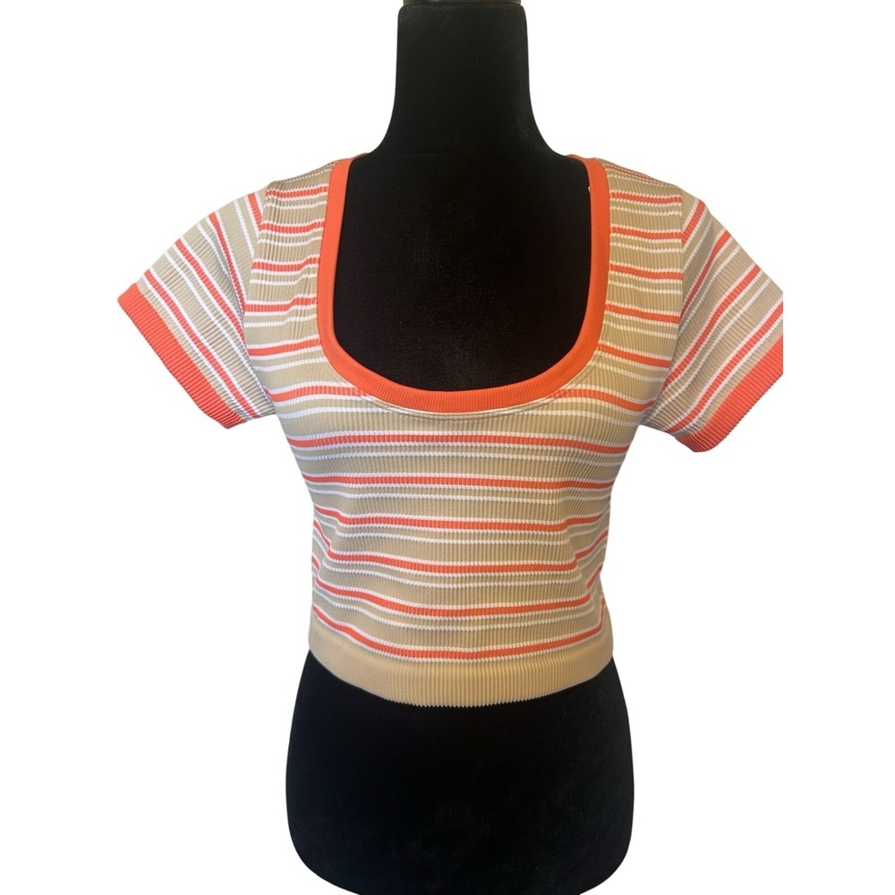 OFFLINE by Aerie Crop Top Womens XL Tan Neon Orange Striped Ribbed Beachy NWT